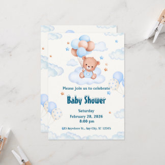 Invitation Bearly Wait Neutre, Bleu et Baby shower blanc dans