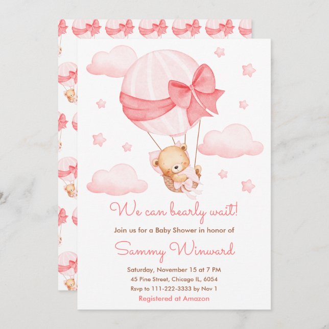 Invitation Bearly Wait Pink Balloon Girl Baby shower (Devant / Derrière)
