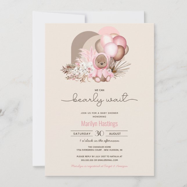 Invitation Bearly Wait Pink Boho Teddy Bear Girl Baby shower (Devant)