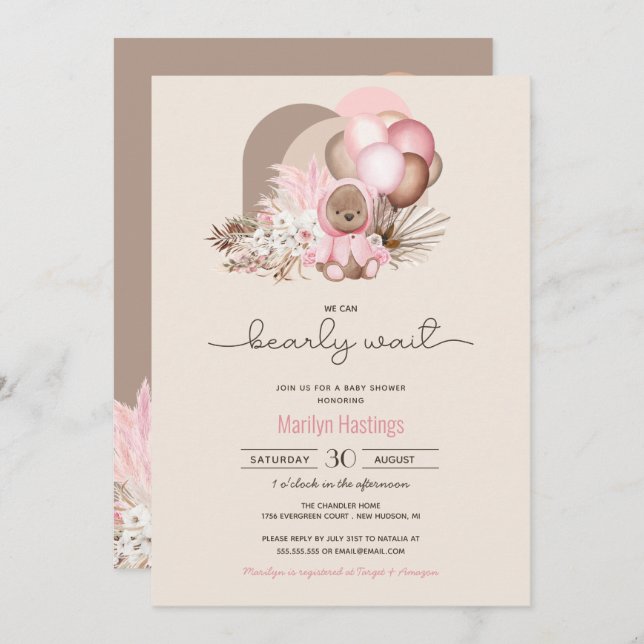 Invitation Bearly Wait Pink Boho Teddy Bear Girl Baby shower (Devant / Derrière)