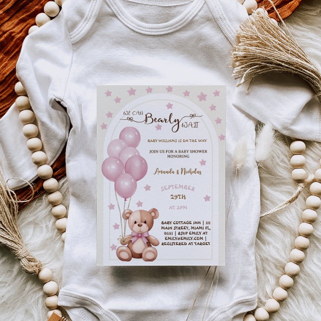 Invitation Bearly Wait Pink Rustic Balloons Baby Girl Douche (Créateur téléchargé)