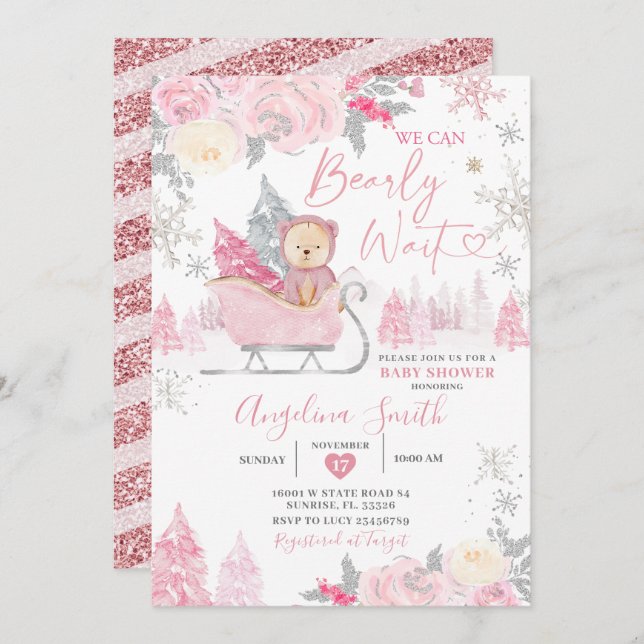 Invitation Bearly Wait Pink Snowflake Baby shower Floral (Devant / Derrière)