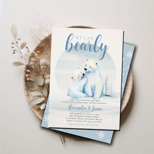 Invitation Bearly Wait Polar Mama Oear Cub Bébé Garçon Douche (we can bearly wait baby boy shower invitation winter polar mama bear cub cute sweet animal blue ice)