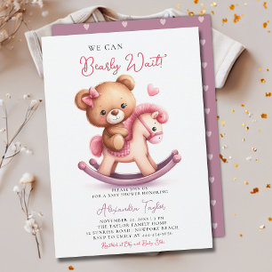 Invitation Bearly Wait Rocking Horse Bow Baby Girl Douche