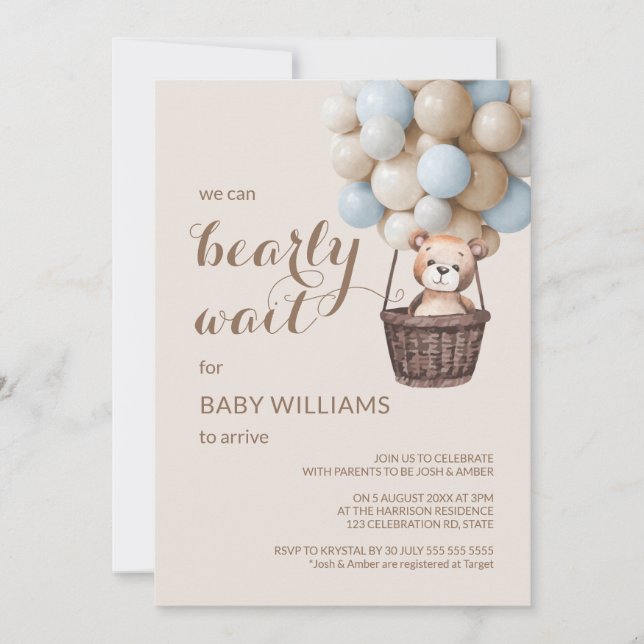 Invitation Bearly Wait Teddy Balloons Baby shower garçon (Devant)