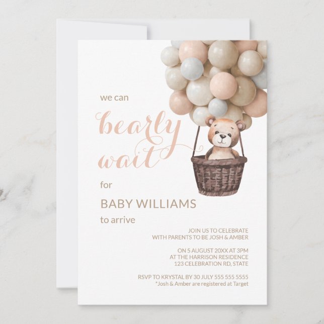 Invitation Bearly Wait Teddy Balloons Girl Baby shower (Devant)