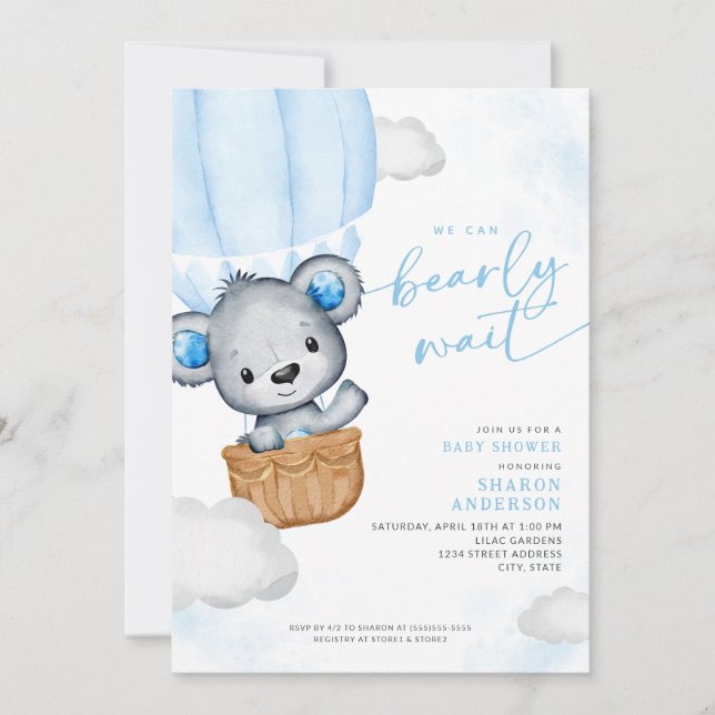 Invitation Bearly Wait Teddy Bear Balloon Baby shower garçon (Devant)