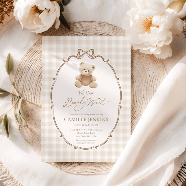 Invitation Bearly Wait Teddy Bear En vichy Baby shower Invita (Bearly Wait Teddy Bear Baby Shower Invitation)