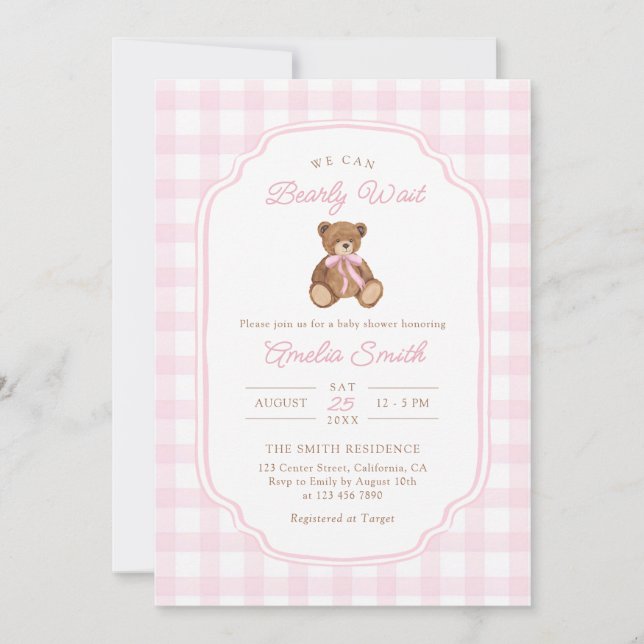 Invitation Bearly Wait Teddy Bear Girl Baby Shower (Devant)
