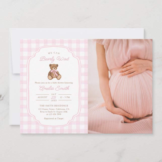 Invitation Bearly Wait Teddy Bear Girl Baby Shower Photo (Devant)