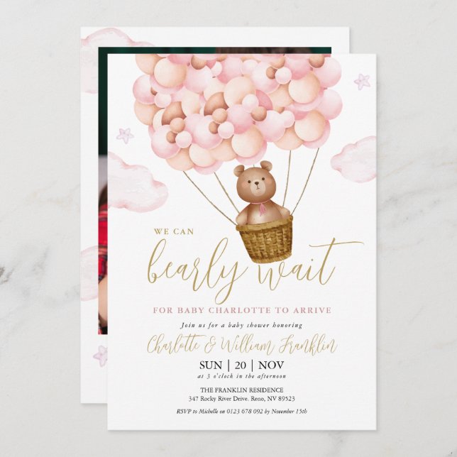 Invitation Bearly Wait Teddy Bear Photo Pink Girl Baby shower (Devant / Derrière)
