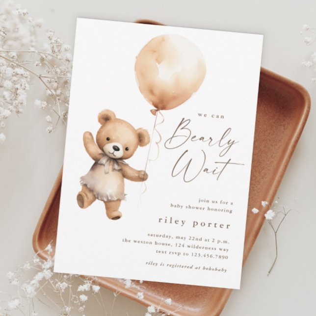 Invitation Bearly Wait Teddy Bear Sexe Baby shower neutre (We Can Bearly Wait Teddy Bear Gender Neutral Baby Shower Invitation.)
