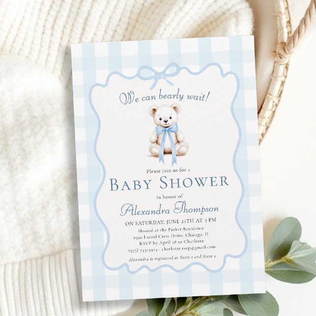 Invitation Bearly Wait Teddy Bow Blue Gingham Baby Shower (bearly wait baby shower invitation traditional classic nursery decor blue gingham teddy bear bow)