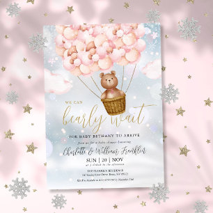 Invitation Bearly Wait Teddy Oear Girl Baby shower d'hiver