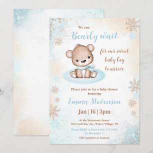 Invitation Bearly Wait Winter Bear Blue Gold Boy Baby shower