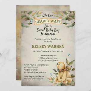 Invitation Bearly Wait Woodland Teddy Bear Baby shower garçon