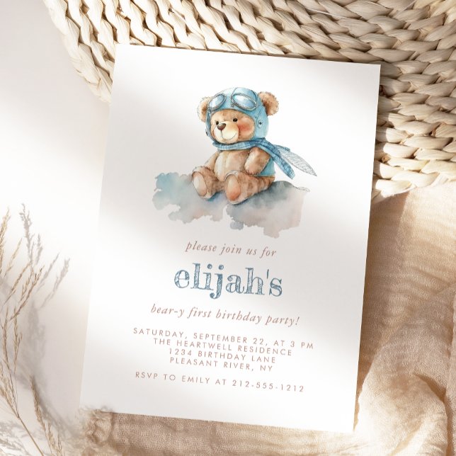 Invitation Beary 1er Anniversaire Bleu Aquarelle Teddy Bear (Créateur téléchargé)