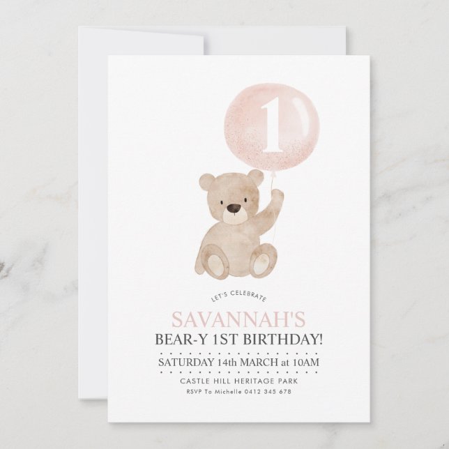 Invitation Béary 1er anniversaire Ours Pink Balloon Invitatio (Devant)