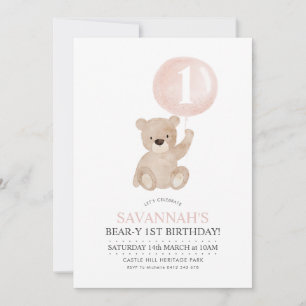 Invitation Béary 1er anniversaire Ours Pink Balloon Invitatio
