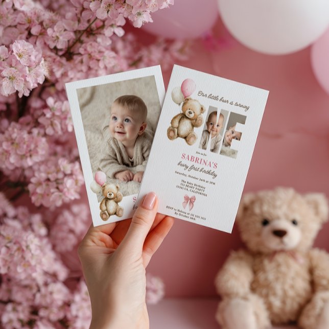 Invitation Beary 1er anniversaire Teddy Bear Photo Pink Ballo (Beary 1st Birthday Teddy Bear Photo Pink Balloon Invitation)