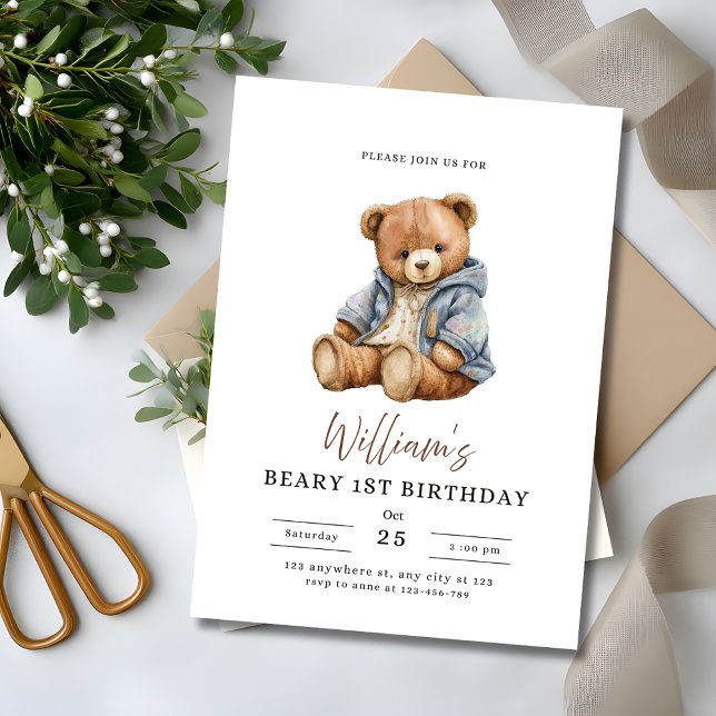 Invitation Beary 1st Birthday Teddy Bear Boy Birthday Party (Créateur téléchargé)