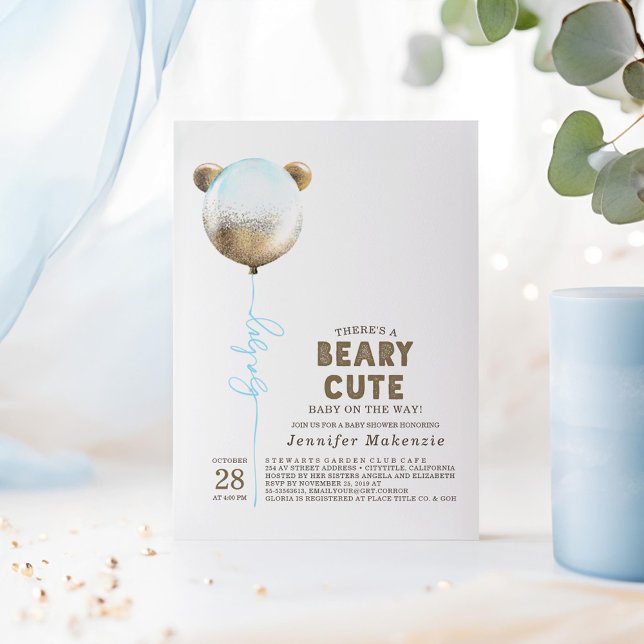 Invitation Béary Bleu Bleu mou Baby shower Ours en Teddy (Beary Cute Baby Shower Invitations featuring Gold and Blue Bear Balloon)