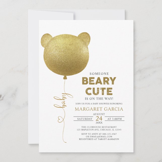 Invitation Béary Boulon or mou Baby shower ours en peluche (Devant)