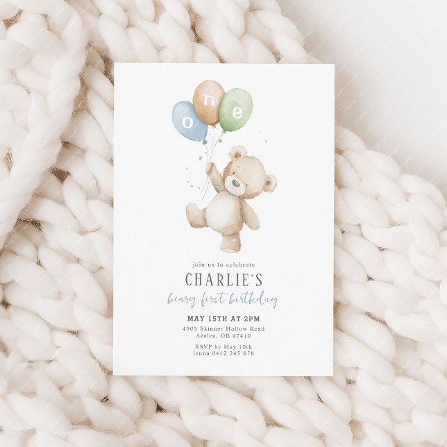 Invitation Beary First Balloon Boy 1er Birthday Teddy Bear (Beary first birthday! Blue, orange and green balloon and teddy bear 1st birthday party invitation.)
