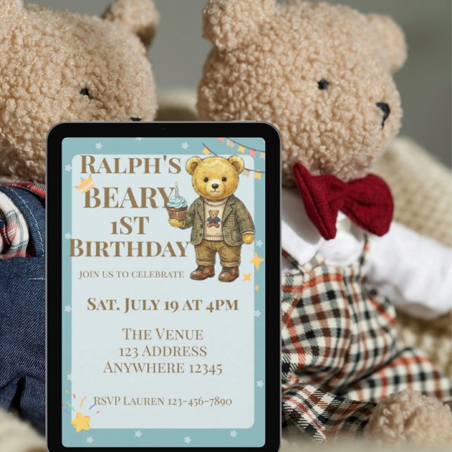 Invitation Beary First Birthday Blue Brown Dapper Bear (Créateur téléchargé)