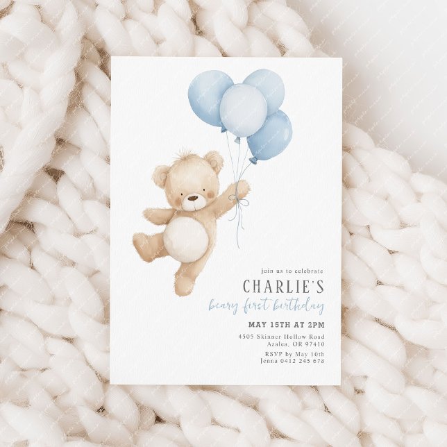 Invitation Beary First Blue Balloy Boy 1er Birthday Teddy (Beary 1st Birthday! Boys first birthday invitation with blue balloons and cute teddy bear.)