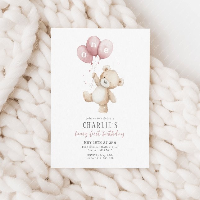 Invitation Beary First Pink Balloy Boy 1er Birthday Teddy (Beary first birthday! Pink balloon and teddy bear 1st birthday party invitation)