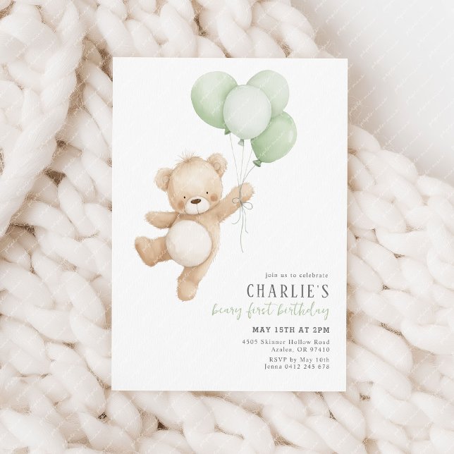 Invitation Beary First Sage Balloon Boy 1st Birthday Teddy (Beary 1st birthday invitation | Sage green balloons and teddy bear.)