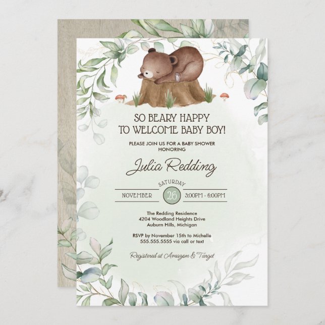 Invitation Beary Happy Woodland Forest Bear Boy Baby shower (Devant / Derrière)
