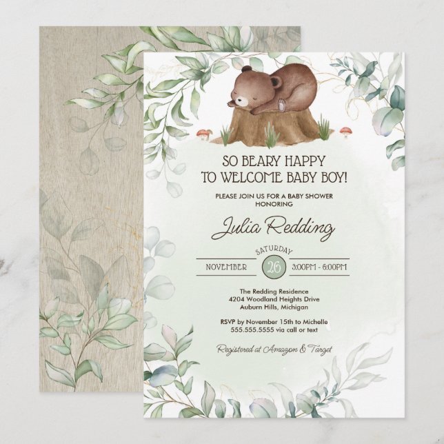 Invitation Beary Happy Woodland Forest Bear Boy Baby shower (Devant / Derrière)