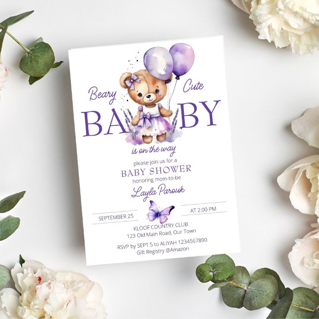 Invitation Beary ours mignon en peluche violet lavande baby s (Beary cute teddy bear baby shower template invitation instant digital download purple teddy bear )