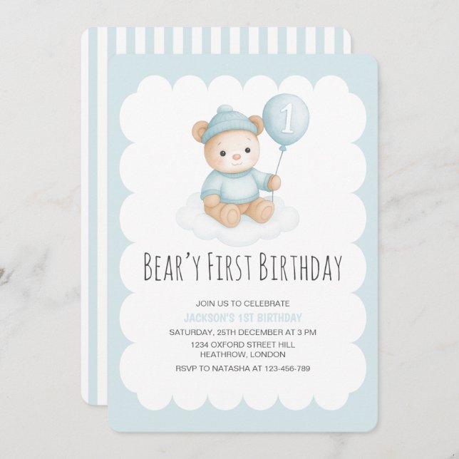 Invitation Béary Premier anniversaire Bleu Teddy Ours (Devant / Derrière)
