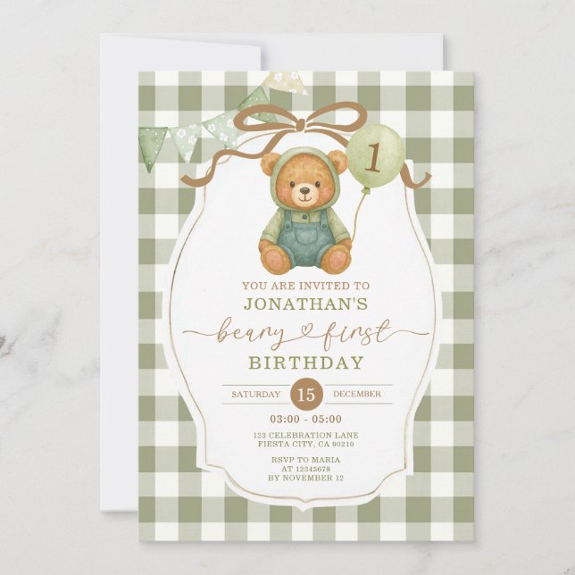 Invitation Beary Premier anniversaire Citrouille Sage Green E (Devant)