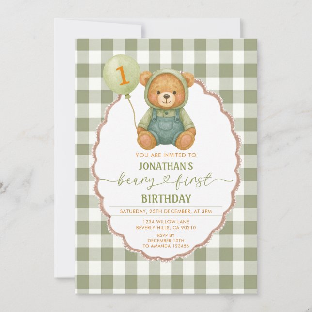 Invitation Beary Premier anniversaire Citrouille Sage Green E (Devant)