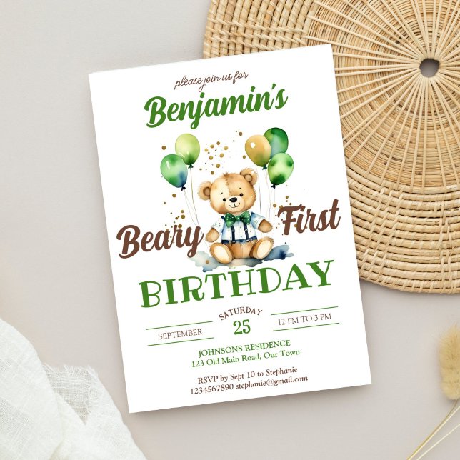 Invitation Béary premier anniversaire peluche fête ours vert  (Beary first teddy bear birthday party template invitation digital download cute teddy with bow tie)