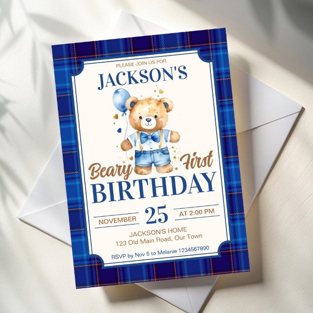 Invitation Béary premier garçon anniversaire mignon peluche b (Beary first boys birthday party invites cute teddy with balloon blue plaid invitation cards template)