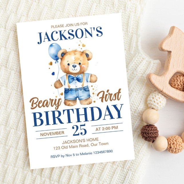Invitation Béary premier garçon anniversaire mignon peluche b (Beary first birthday party editable template invitation digital download cute teddy bear blue pants)