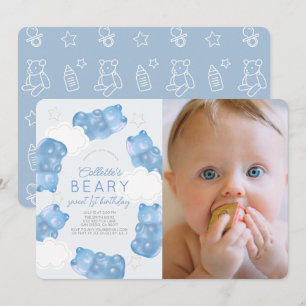 Invitation Beary Sweet Blue Gummy Bear Boy Photo 1er annivers