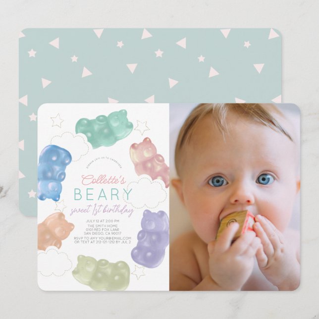Invitation Beary Sweet Gummy Bear Girl Photo 1er anniversaire (Devant / Derrière)