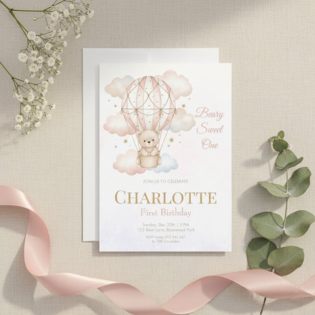 Invitation Beary Sweet Hot Air Balloon 1st Birthday  (Créateur téléchargé)