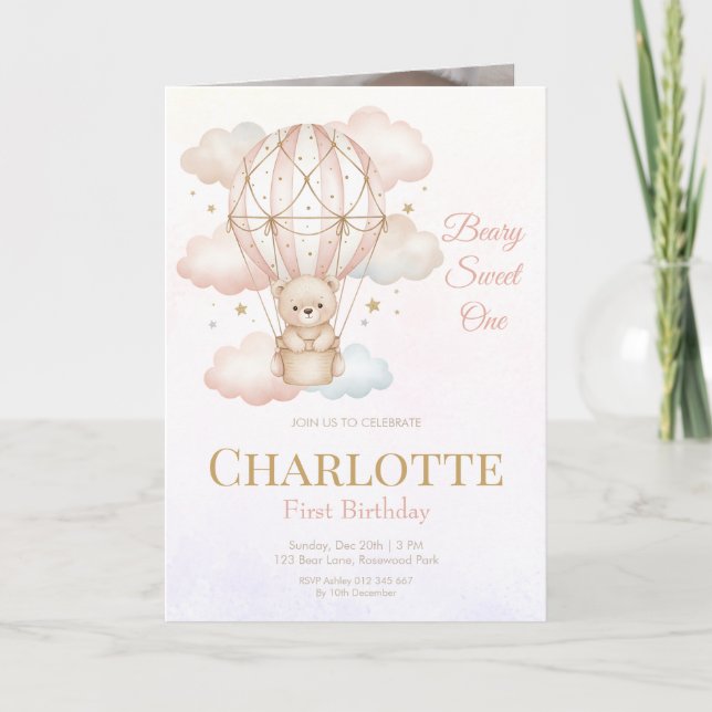 Invitation Beary Sweet Hot Air Balloon 1st Birthday Photo (Devant)