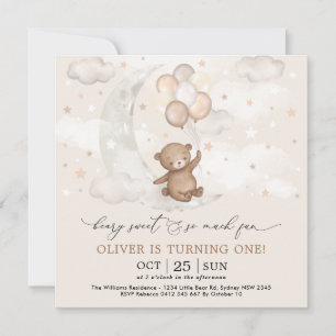 Invitation Beary Sweet Moon & Stars Teddy Bear 1er anniversai