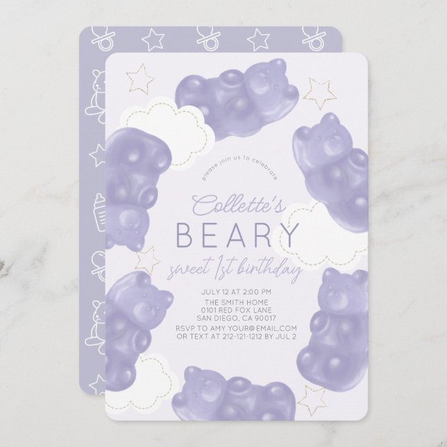 Invitation Beary Sweet Purple Gummy Ours 1er anniversaire (Devant / Derrière)