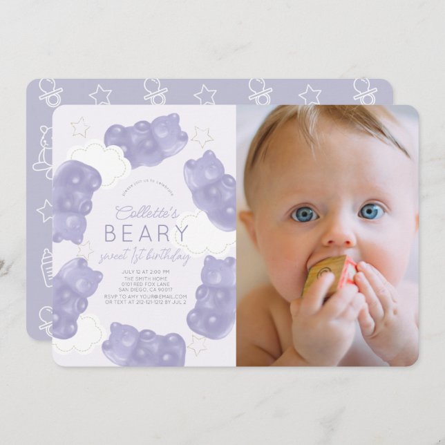 Invitation Beary Sweet Purple Gummy Ours 1er Anniversaire Pho (Devant / Derrière)