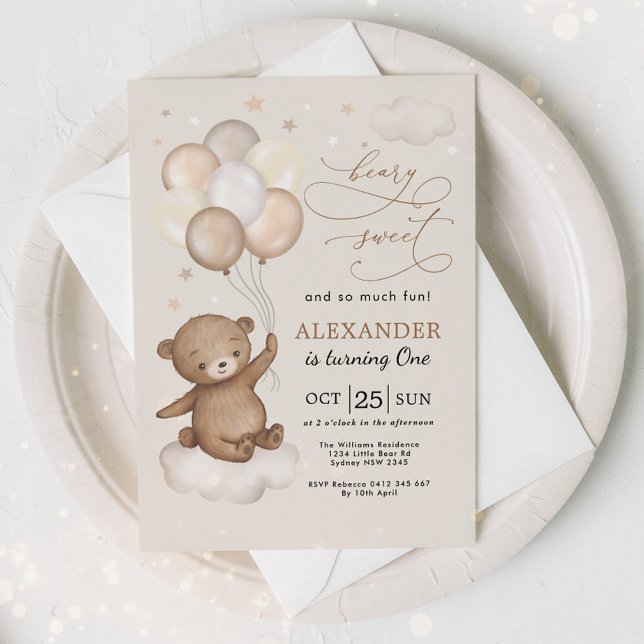 Invitation Beary Sweet Teddy Bear & Balloons 1er anniversaire (Créateur téléchargé)