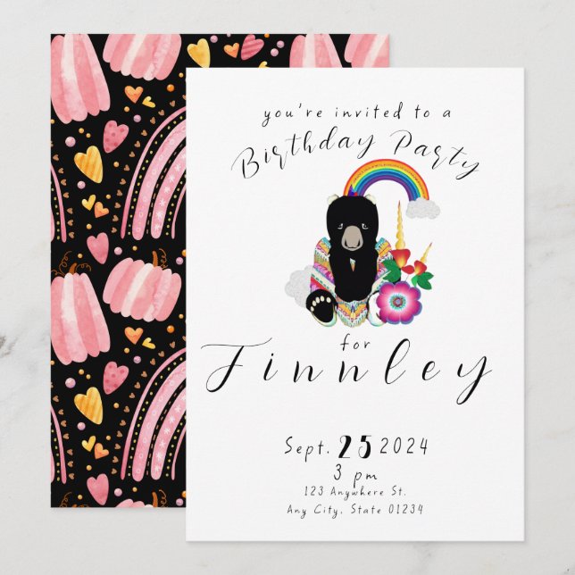 Invitation BéaryCorn Cartoon Girls Anniversaire Party (Devant / Derrière)